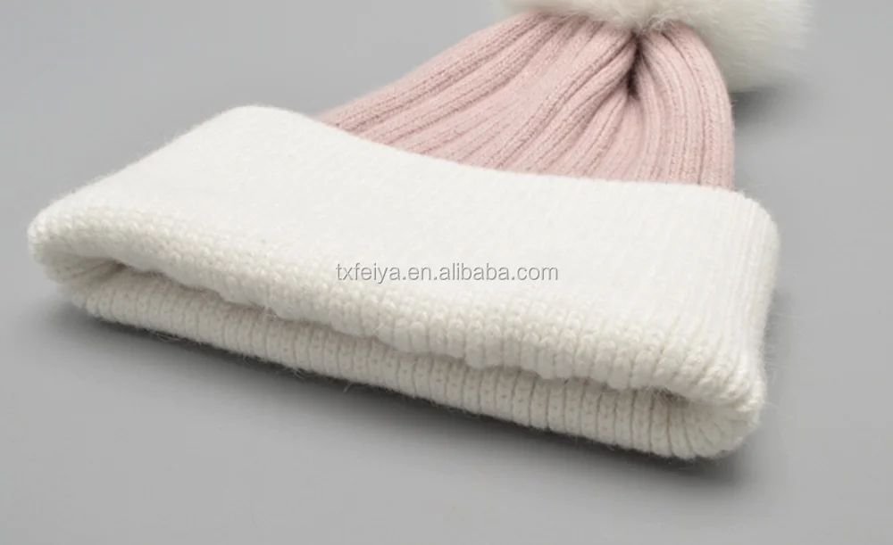 Wholesale Crochet Knitted Wool Beanie Hat with Fox Fur Pom Pom
