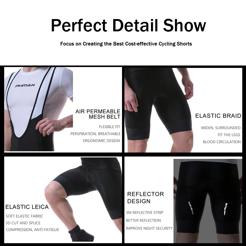 PHMAX Cycling Bib Shorts Pro Race Lightweight Bike Downhill Shorts MTB Bicycle Shorts Ropa Ciclismo 8cm Italy Grippers at Leg