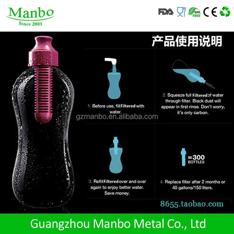 Hot Sale BPA Free 550ml Plastic Alkaline Water Bottle Filter Cap With Carabiner