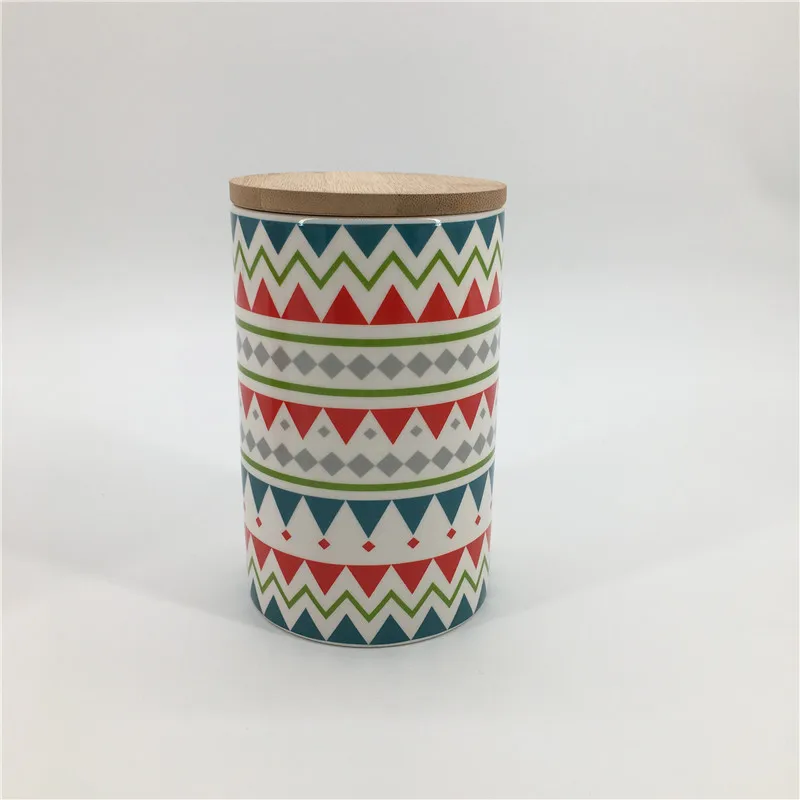 Custom various design airtight storage jar kitchen ceramic canister bamboo lid