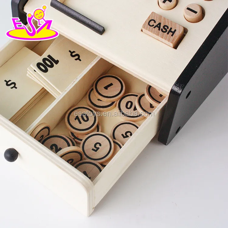 Best sale pretend toys wooden kids play cash register with scanner W10A066