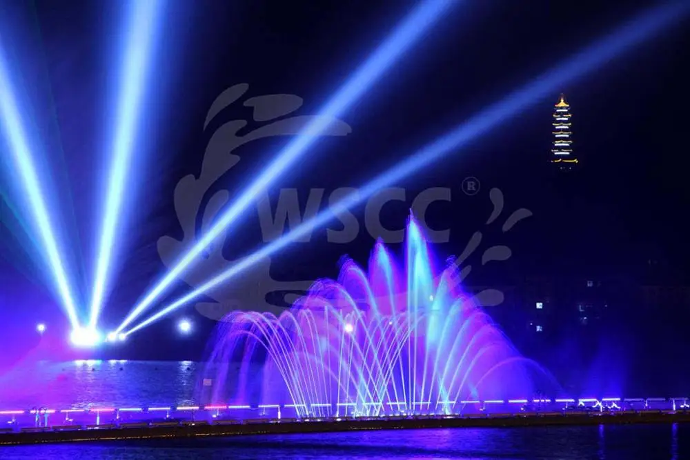 Beautiful water show dancing music fountain show with LED light , laser, projector and water screen for lake or square