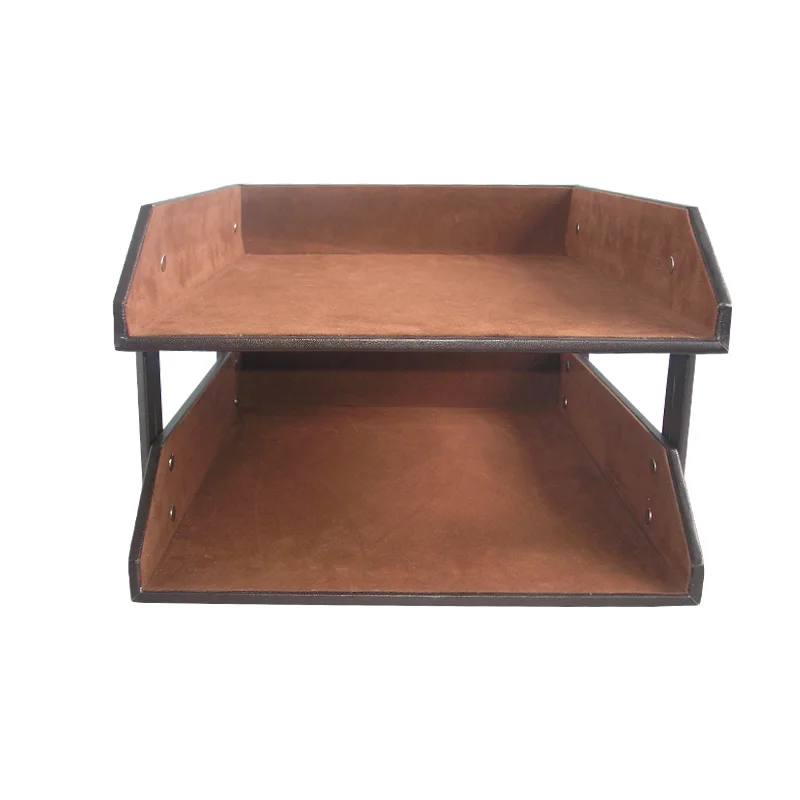 custom faux leather wooden document tray 2 tiered wood letter tray