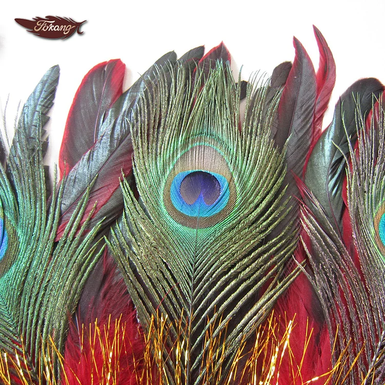 Large Size Red Rooster Tail Feather Carnival Mask With Peacock Feather Decoration