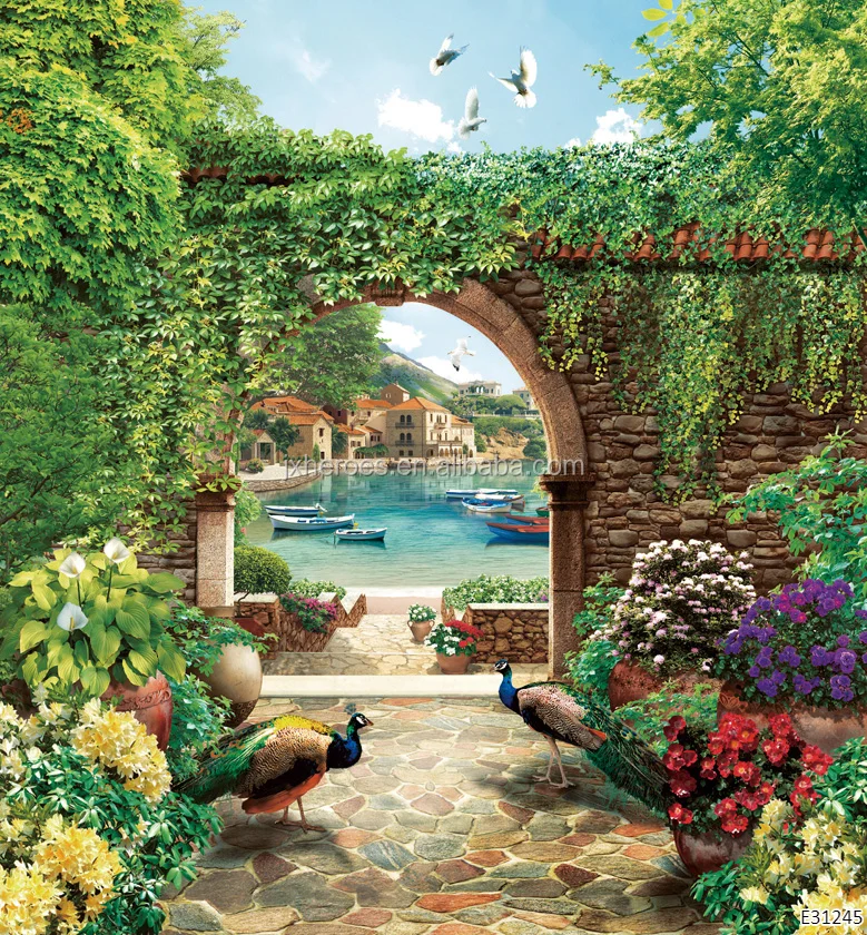 European Town and Beach Scenery Living Room TV Background Wall Mural Wallpaper 3D