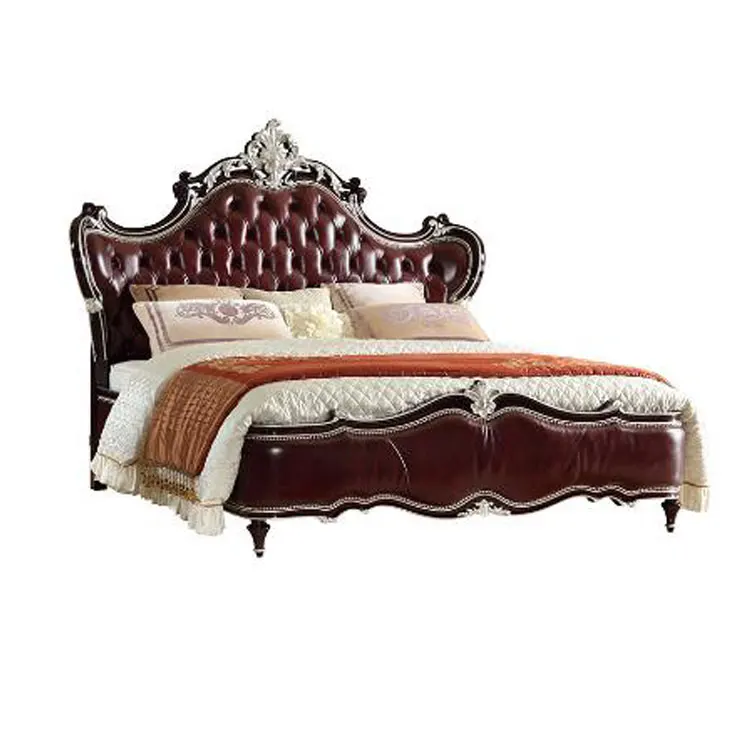 Magnificent hand carved antique master dark red leather king size bed