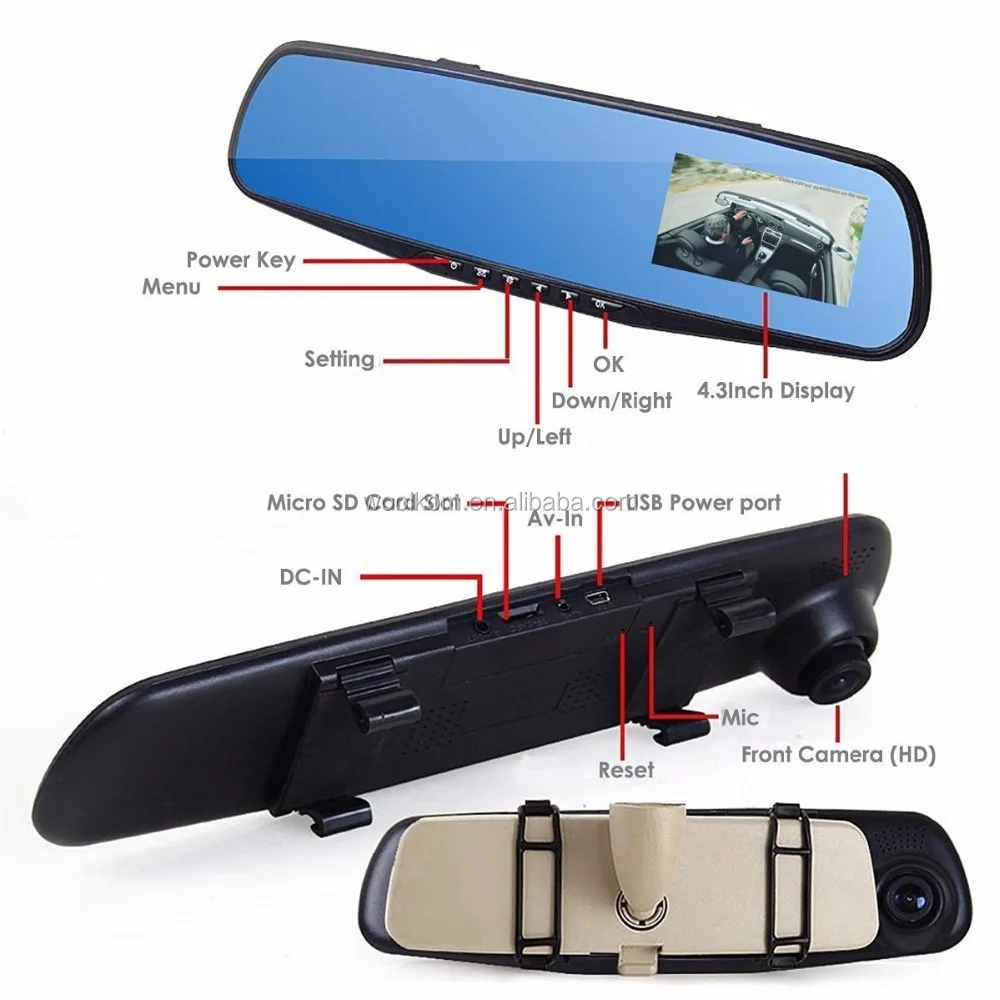 1080P 4.3 Inch LCD 140 Wide Angle Dual Lens Rearview mirror car black box Video Recorder Driving on Dash Camera