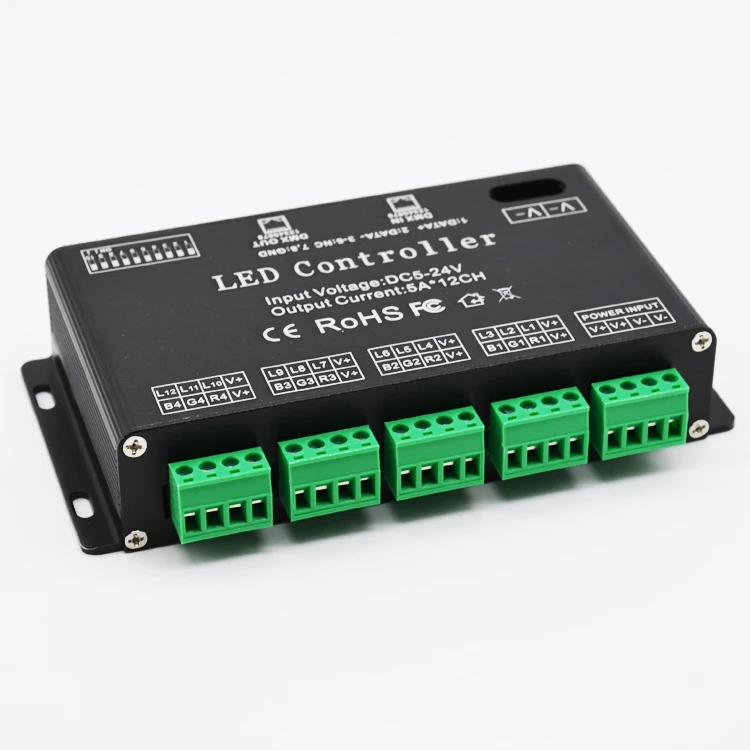
12 Channel LED DMX512 1990 Constant Decoder 5VDC to 24VDC 5A per Channel PWM Output signal RJ45 