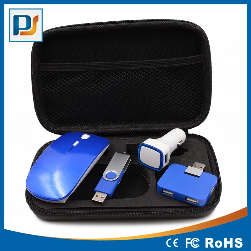 Promotional electronic gift pack Wireless Mouse, USB Flash Drive, USB Hub and Car Charger
