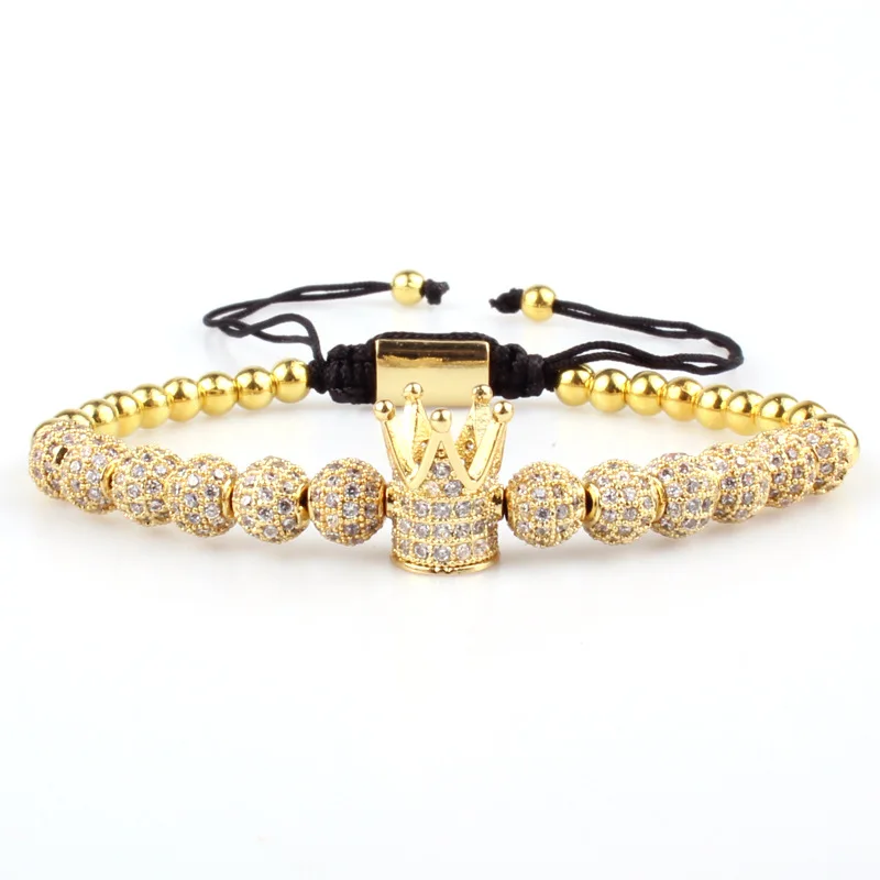 2022 Summer Hot Sell Adjustable Mens Luxury 18k Gold Plated Crown Charm Zircon Micro Insert 6mm Disco Bead Bracelet
