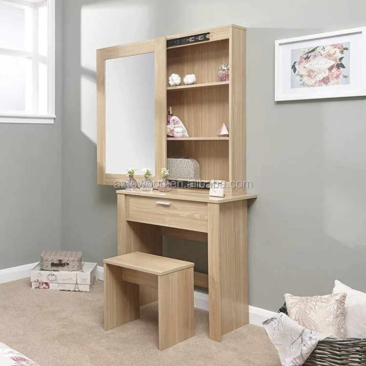 1 Drawer Dressing Table with Stool and Large Sliding Mirror, MDF/Chipboard, Oak