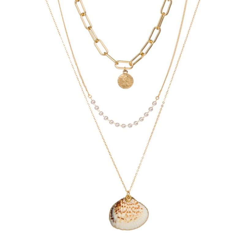 Multi Layer Fresh Water Pearl Necklace 14K Gold Jewelry Wholesale With Round Disc Pendant