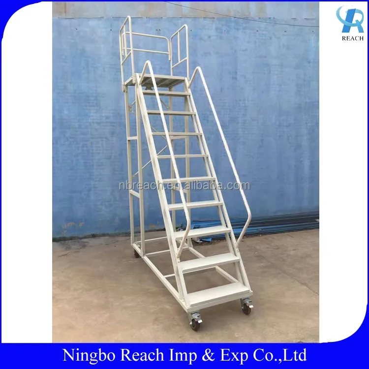 Warehouse Steel Safety Rolling Mobile Platform Ladder with Handrails