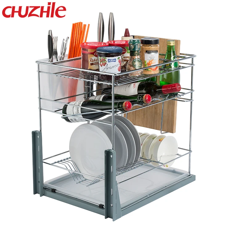 Metal Iron 2 Tier Kitchen Knife Rest Chopsticks Barrel And Dish Racks Cabinet Drawer Basket
