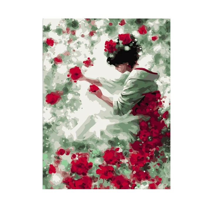 Amazon Hot Selling Children Picking Flower in Flowers Decorative hanging Painting by numbers Diy Digital Oil Painting with Frame