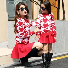 Fashion mother kids long sleeved sweater skirt mother daughter clothing set family matching outfits clothes sets