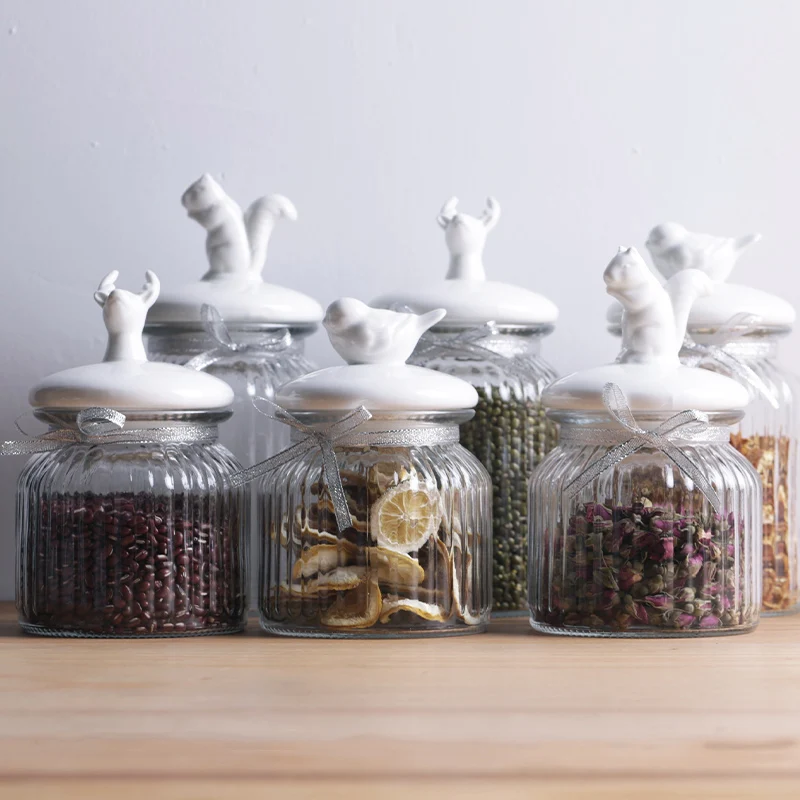 Rabbit Ceramic Lid Competitive Price Vertical stripes glass jars candy for mance Carton Package Glass Canister Jar