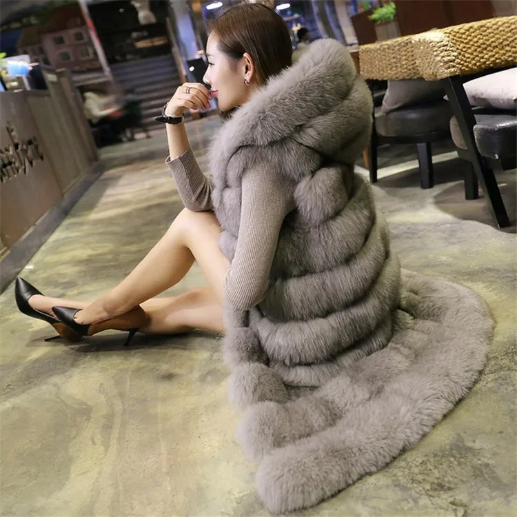 Fashion Ladies Long Sleeveless Fox Fur Vest Waistcoats Women Faux Fur Hooded Vests Wholesale