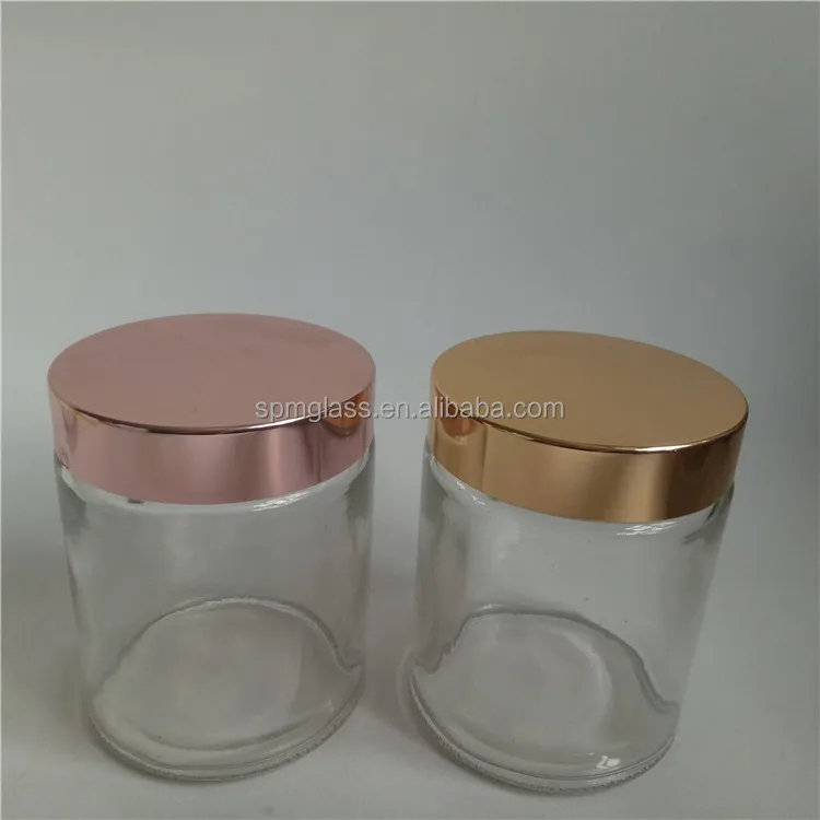 Luxury round straight sided glass jar rose gold lid for cosmetic,spice,food,candle