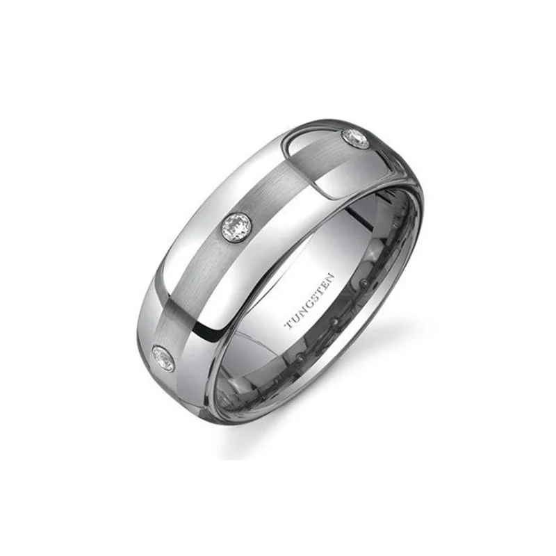 Domed Three Stones design Cubic Zirconia 8mm Comfort Fit Mens Tungsten Wedding Band Ring