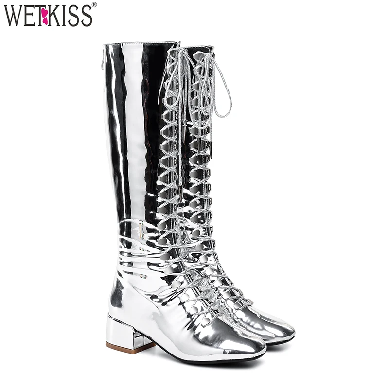 2018 Fashion Trends Rivet Lace Up PU Patent Leather Boots Short Heel Glossy Latex Fetish Long Boots Knee High Boots Women Shoes
