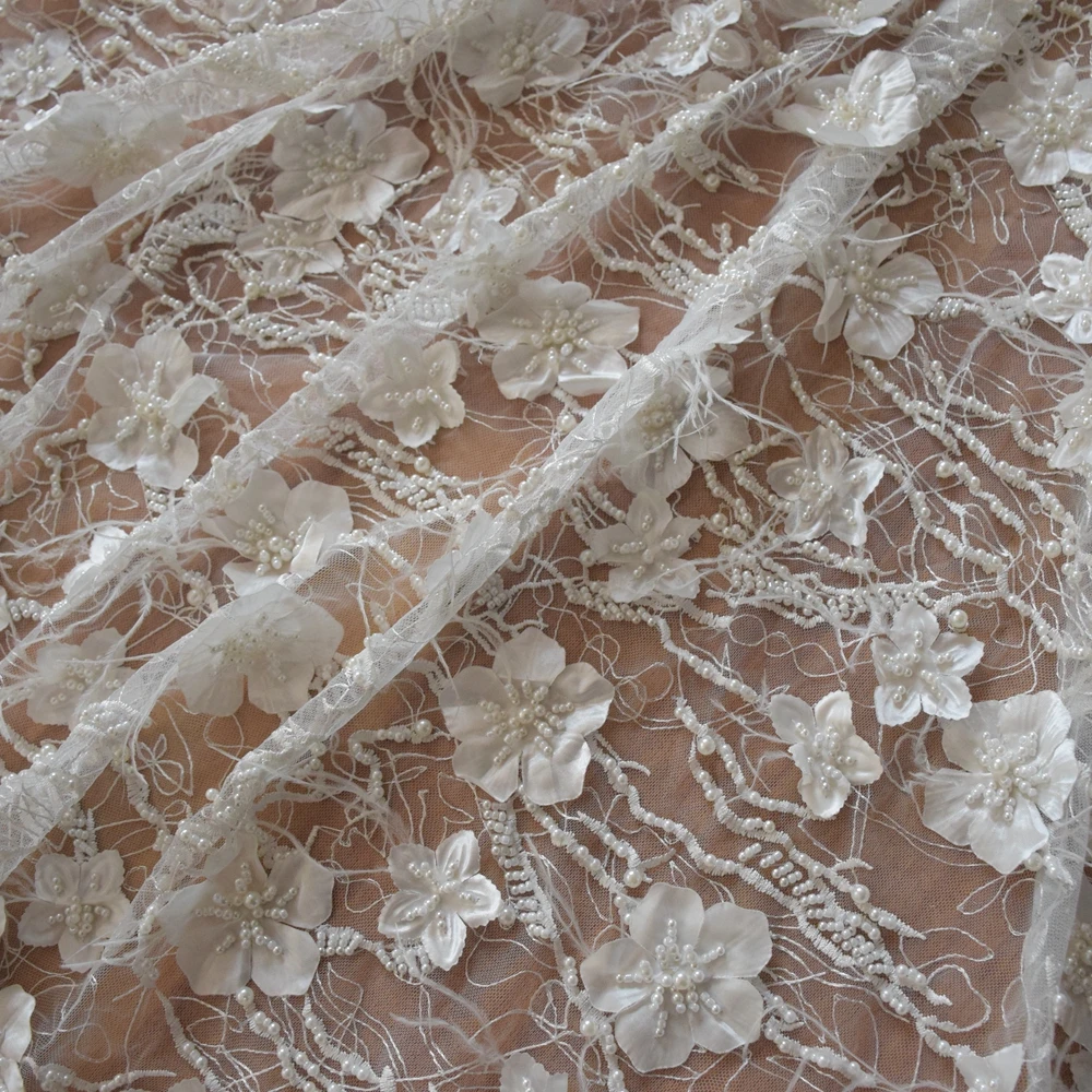 white color pretty bridal lace luxury 3d heavy beaded tulle lace with feather high quality french lace for wedding HY0735-1
