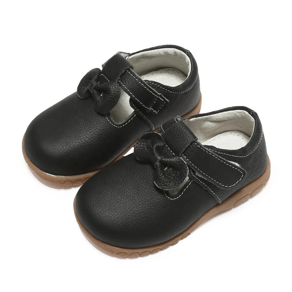 SandQ plain black  Genuine little  T-bar girls dress shoes with bow