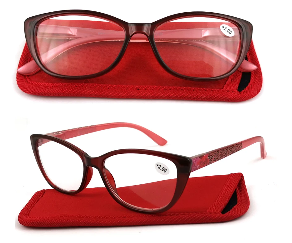 cat eye women fashion reading glasses with leather cases.
