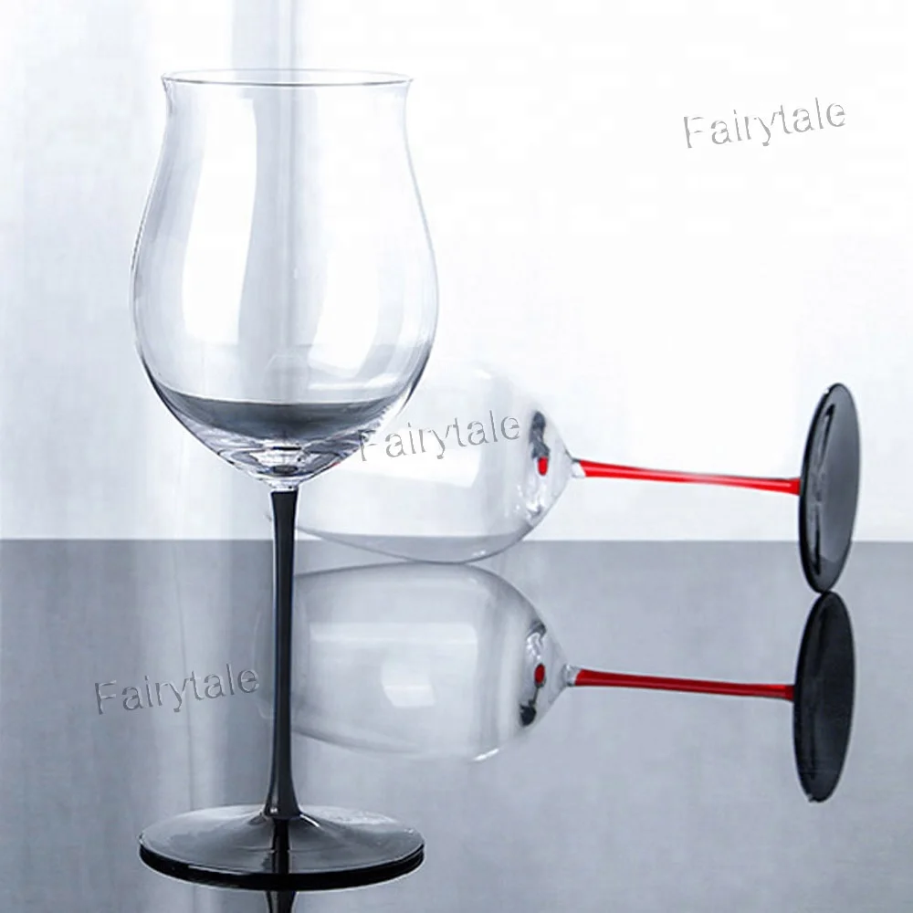 Fancy Hand Blown Black Stem Red Wine Glass Cups Tulip Shaped Wine Glass