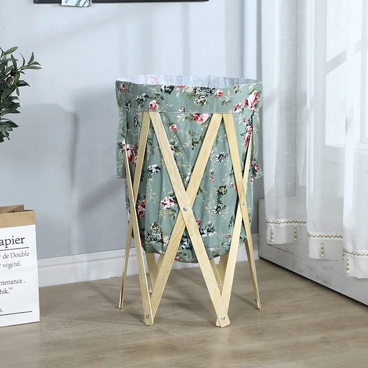 
cotton canvas clothes folding wood frame laundry basket with handle 