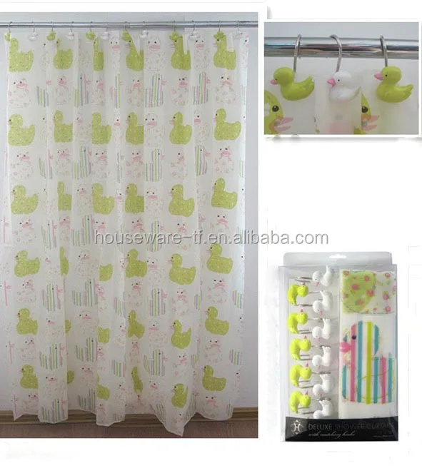 Animal Children Yellow Duck Design PEVA Shower Curtain with C Hooks Set of 13 Plastic Duck Shower Curtain Sets