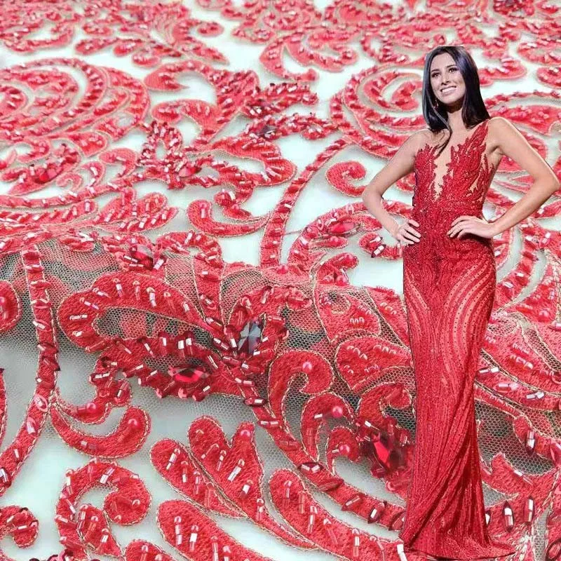 2019 colorful 3D embroidery tulle lace fabric beaded tulle lace fabric wholesale