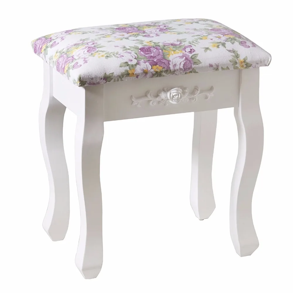 White Flora Dressing Table Stool Padded Cushion Vintage Piano Chair Padded Makeup Seat