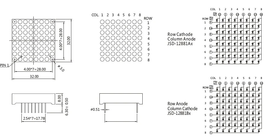Матрица с ходовым отверстием 1,2 дюйма 3 мм 8x8 rgb светодиодный дисплей