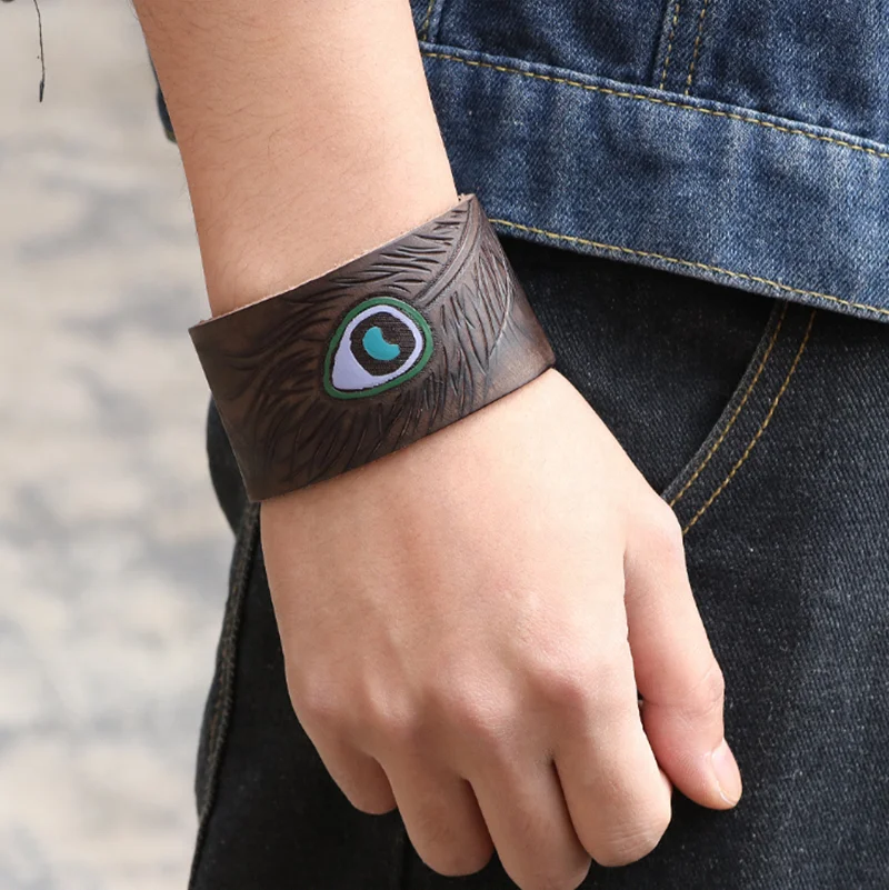 Vintage Adjustable Button Women Men Peacock Feather Printed Genuine Leather Cuff Bangles & Bracelets