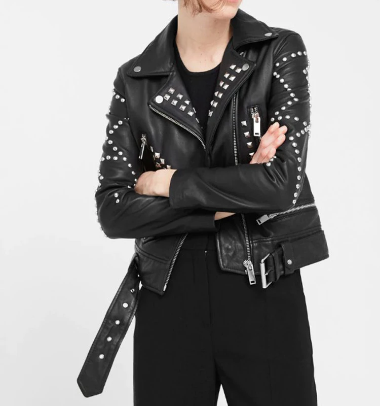 Wholesale Custom Punk Studded Biker Faux Leather Jacket Women