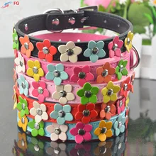 Fashion 5Colors 4 Sizes Leather Puppy Pet Dog Collar Cat Neck Strap Necklace with Studded Sweet Flower