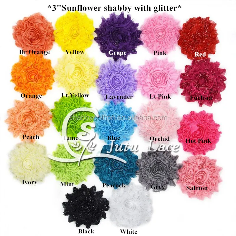 22 colors sunflower shabby with glitter- 3inch shabby chiffon flower with glitter- shabby flower trim- 8 yards per piece shabby