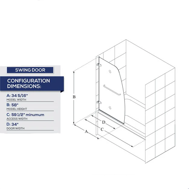 
10mm Frameless glass shower screen Hinged Tub Door 