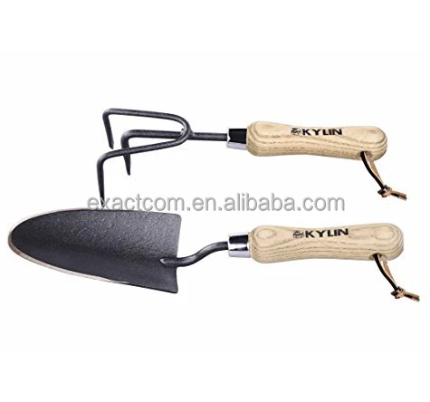 High Quality Garden Hand Tools Set-Include Garden Hand Trowel and Gardening Rake with Wood Handle/Leather Hanger
