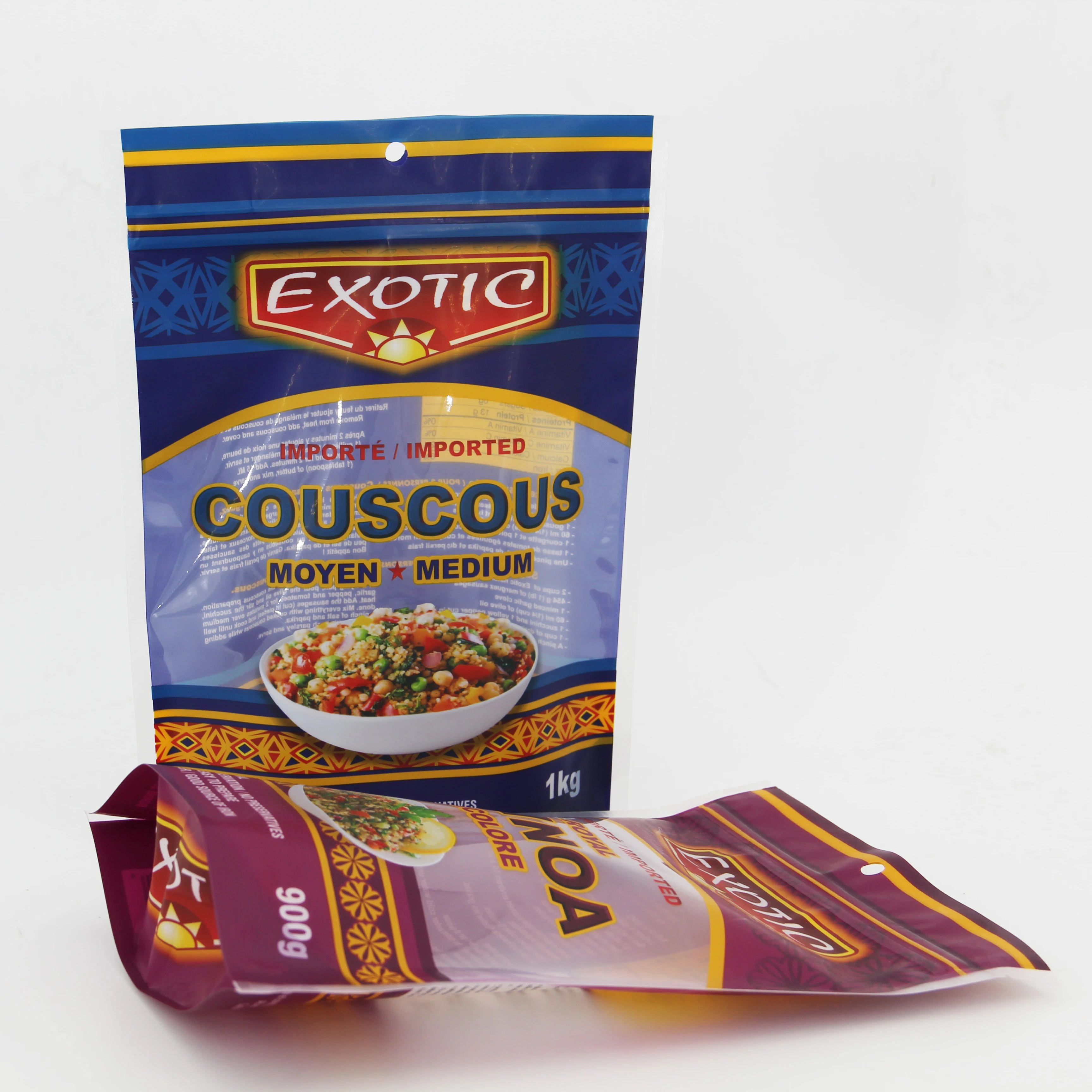 Heat seal couscous and quinoa clear transparent plastic food packaging mylar ziplock bag with window