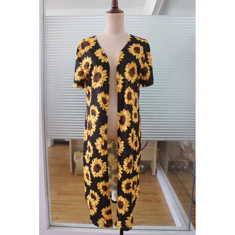 Hot Sale Sunflower Print Short Sleeve Women Kimono Cardigan