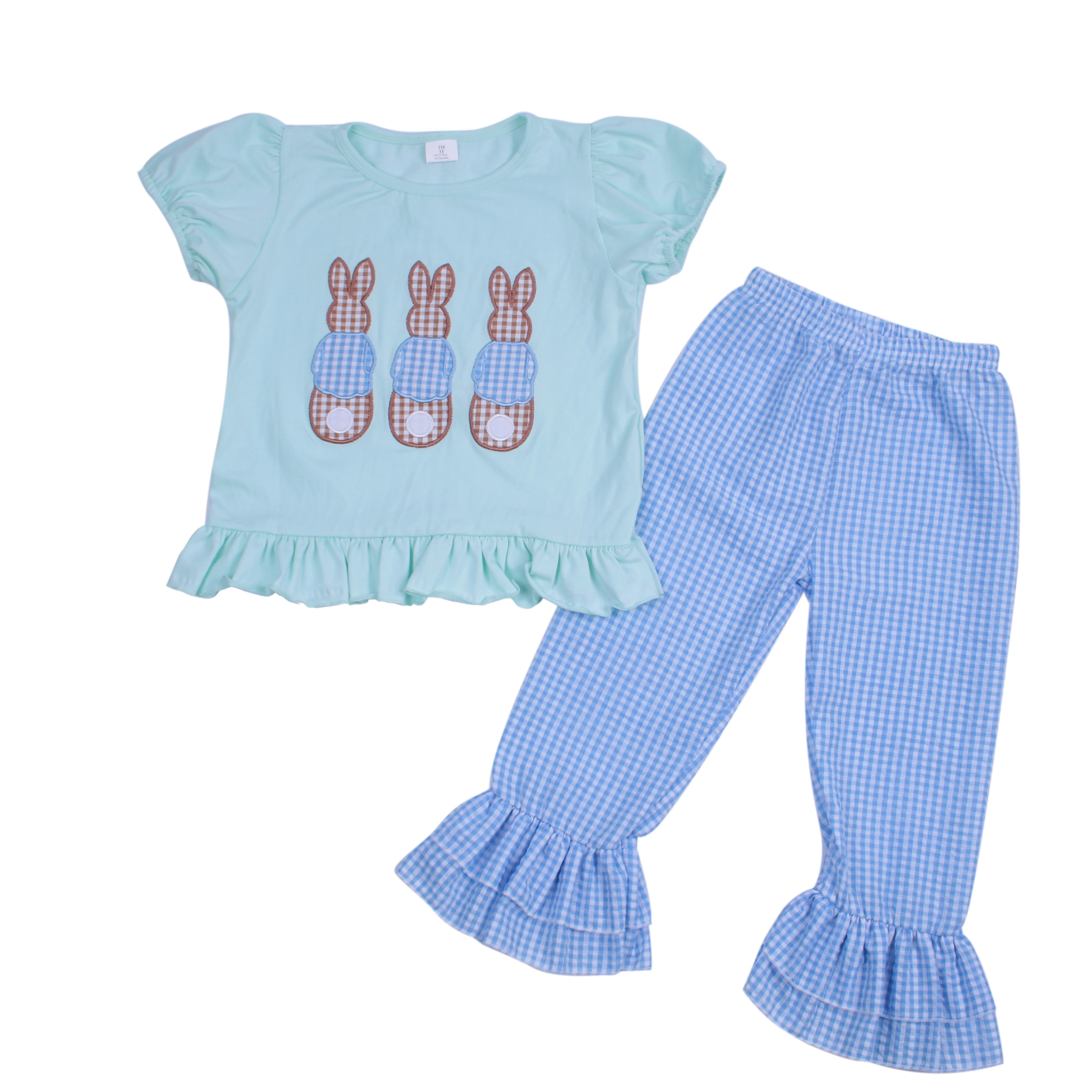 
wholesale embroidery rabbit eeg print Baby Girl Clothing Outfits Easter day Kids lace ruffle boutique clothing outfits 