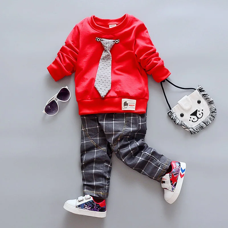 Hao Baby Spring And Autumn Two-Piece Kid Cotton Gentleman Long Sleeve + Plaid Denim Children Trousers Set