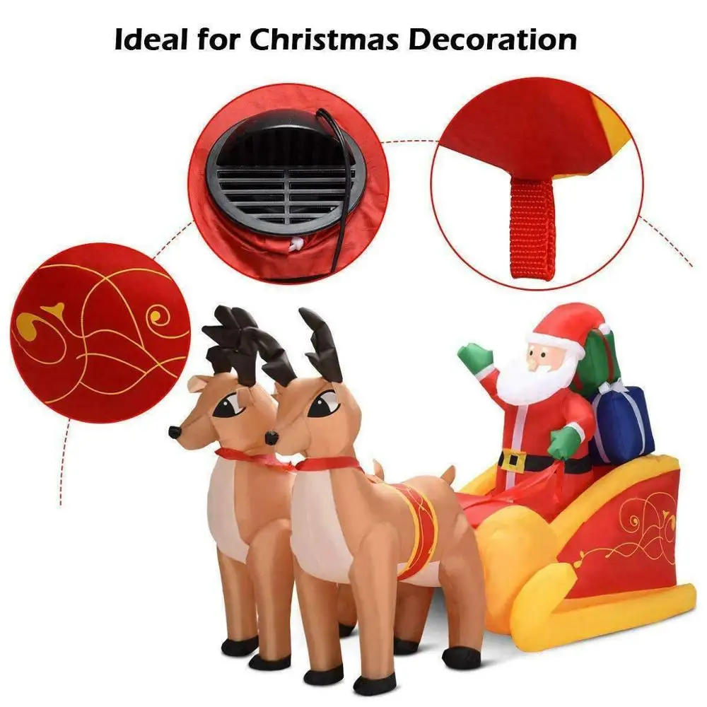 Long Christmas Inflatable Santa on Sleigh 2 Reindeer Yard Decoration Supplies
