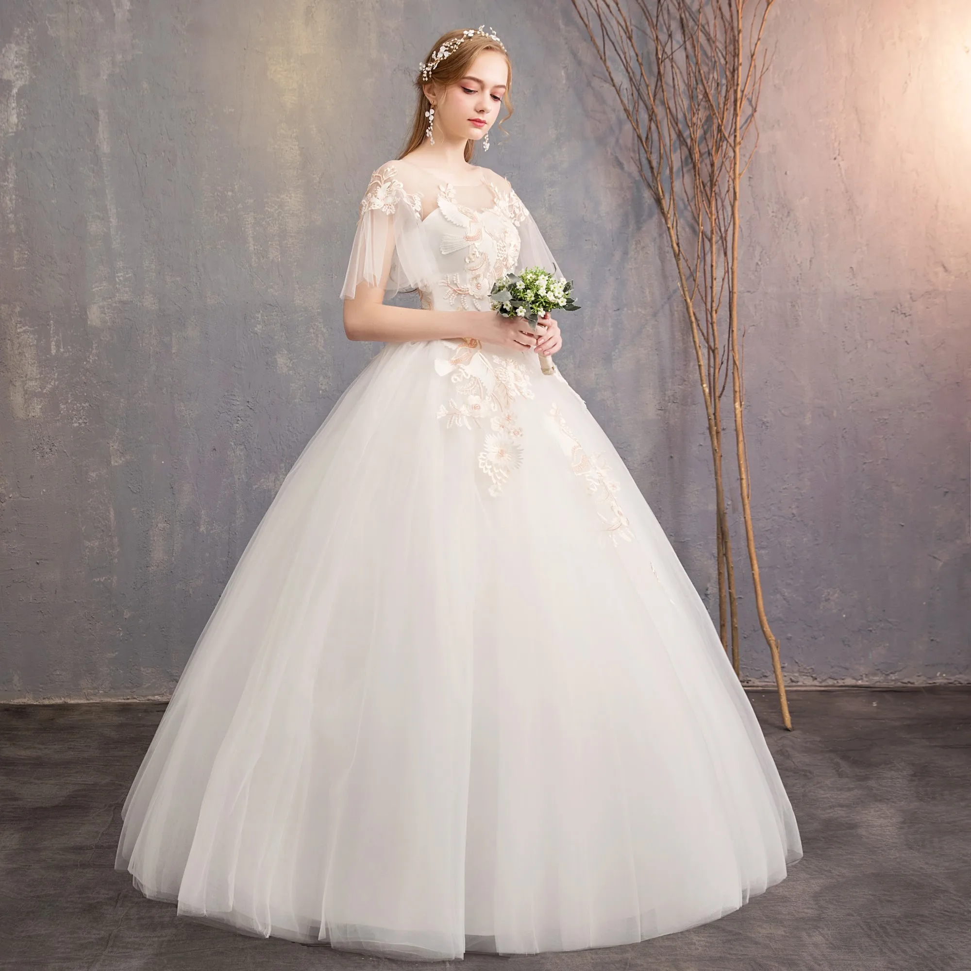 Spring New Trendy Short Flare Bell Sleeve Wedding Dresses Simple O-neck Lace Up Back Wedding Gown