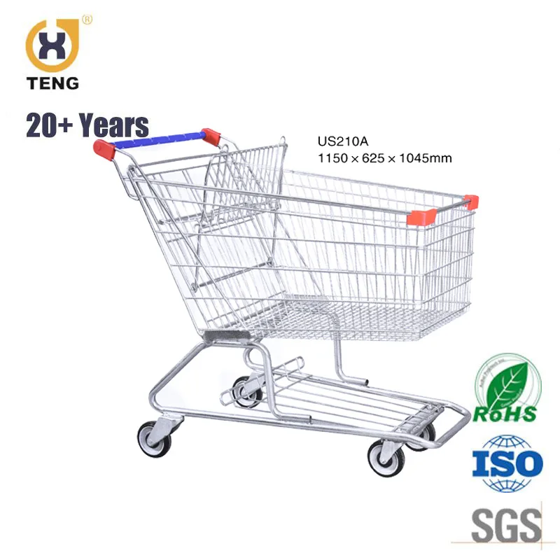 Supermarket Unfolding Metal Two Basket Cart With Wheels Shopping Trolley Cart