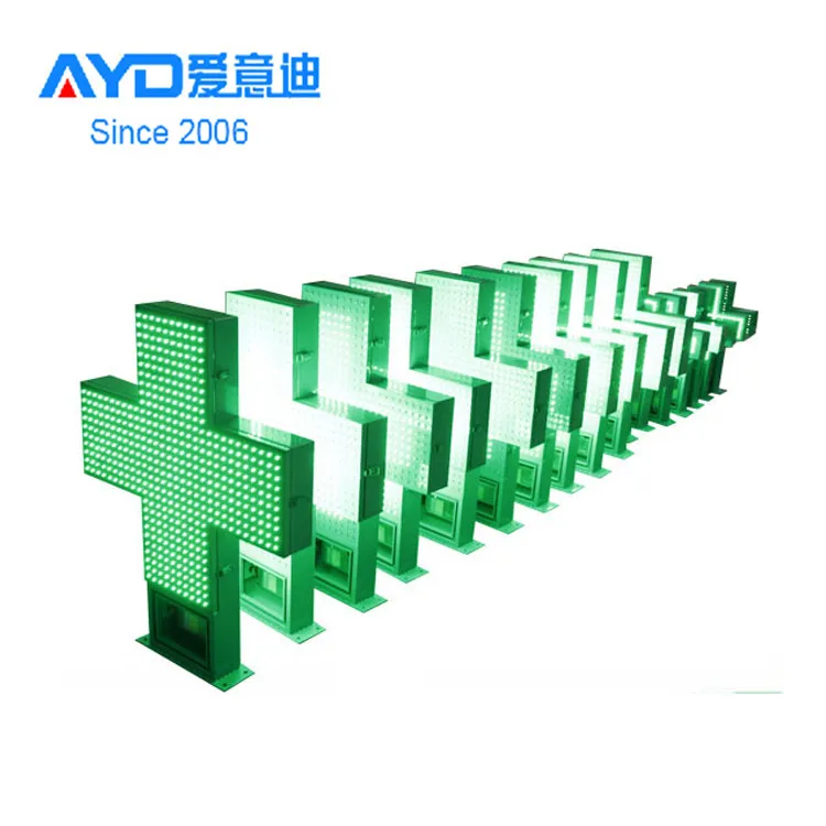 Hidly Outdoor Use Double Side 80*80cm Green and Blue Pharmacy Cross LED Sign with Waterproof Cabinet, Animation Customizable
