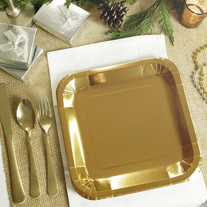 Wholesale New Hot Sell Disposable 250gsm  9 inch Square Gold Foil Paper Plates