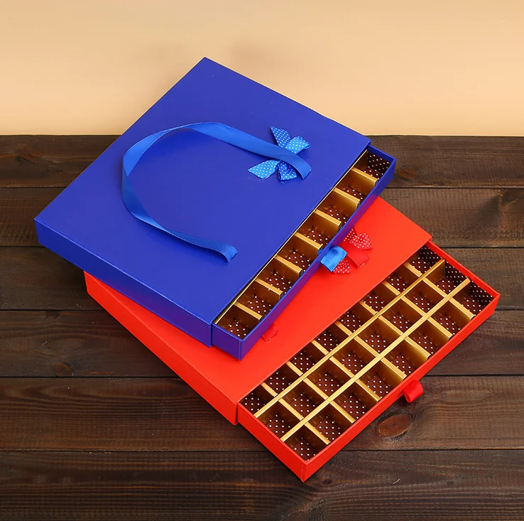 2mm thickness cardboard paper rigid drawer candy and chocolate packing box with ribbon pull out and handle custom with divider